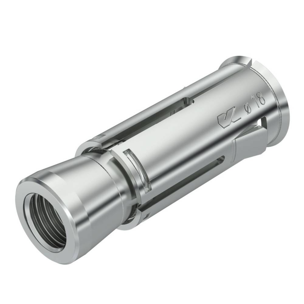 Silbermetall-Gewindespannverankerungsbolt mit Schlitzgehäuse, in 3D auf weißem Hintergrund dargestellt.