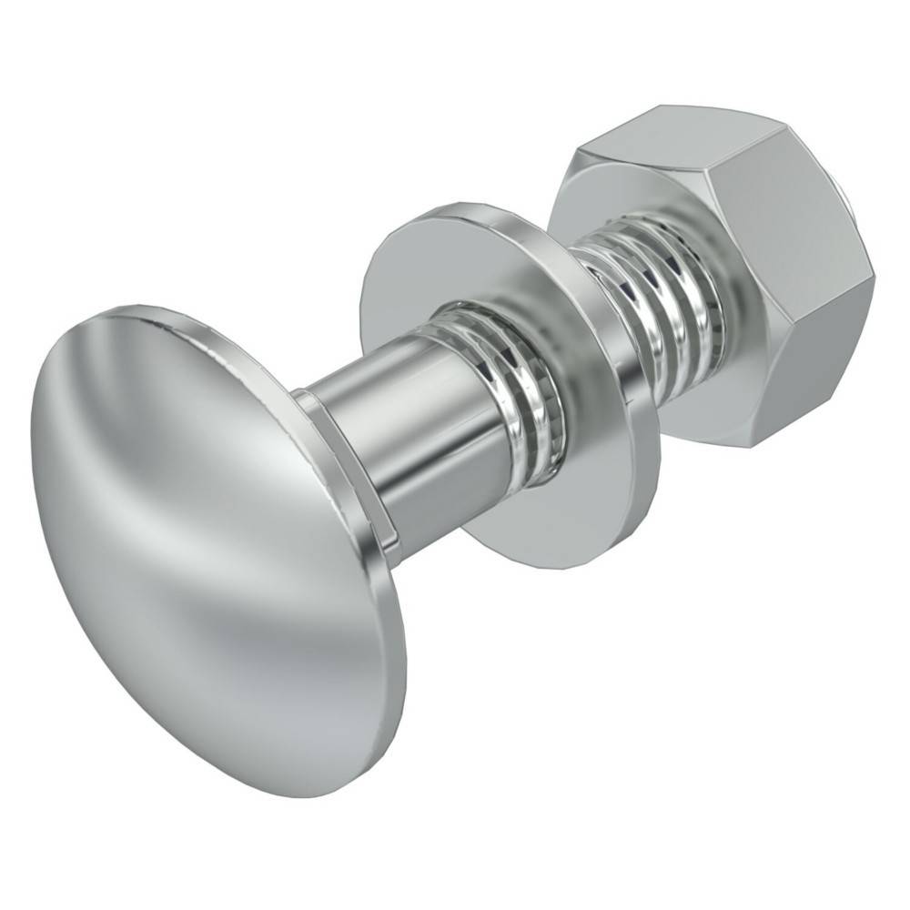 Silbermetalschraube mit großem rundem Kopf, Unterlegscheibe und Sechskantmutter auf weißem Hintergrund.