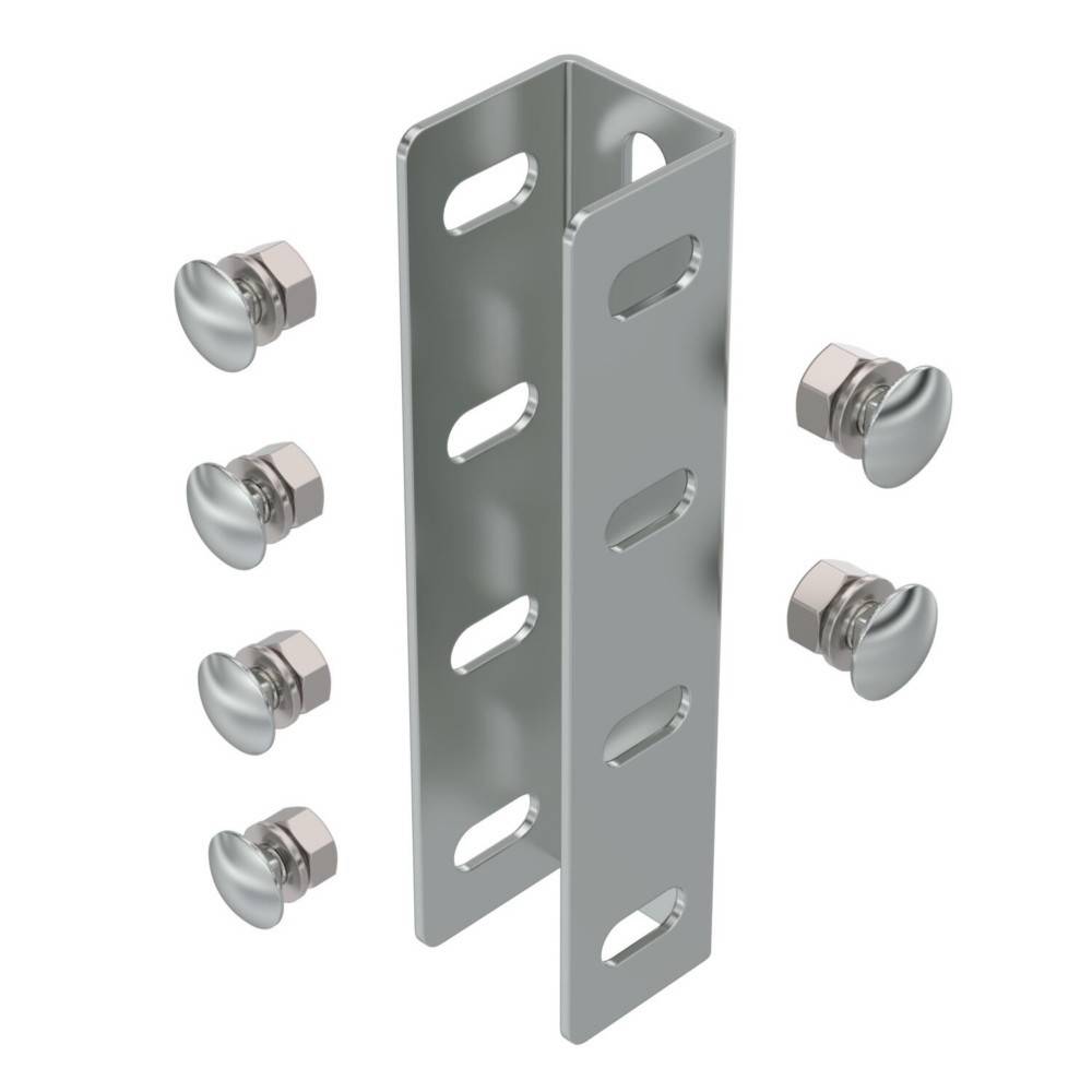 U-förmige Metallhalterung mit Schlitzlöchern, gezeigt mit sechs passenden Bolzen oder Schrauben, die darum angeordnet sind.