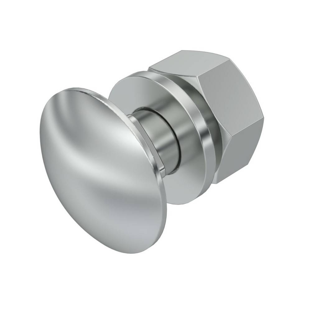Silbermetall-Bolzen mit Knopfkopf und Sechskantmutter, isoliert auf weißem Hintergrund dargestellt.