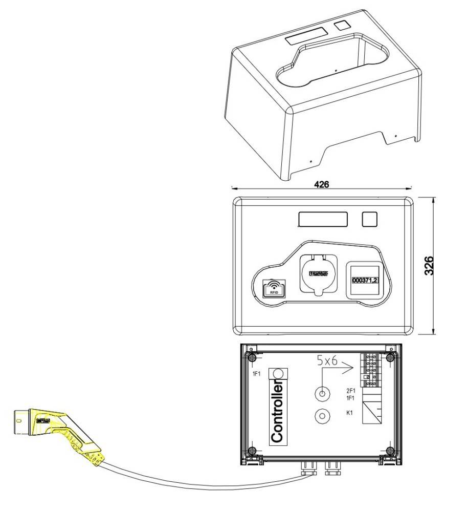 Technische Zeichnung eines Steuerungsschranks mit perspektivischer Ansicht, Vorderansicht und inneren Ansichten, mit Abmessungen 426 x 326 und Kabelverbindung zu einem angebrachten Sensor oder einer Sonde.