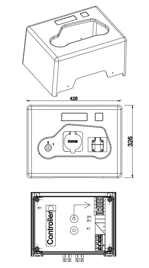 Technische Zeichnung eines Controller-Gehäuses, dargestellt in isometrischer Ansicht, Vorderansicht und Innenansichten mit Abmessungen von 426 x 326 und Komponentenpositionen.