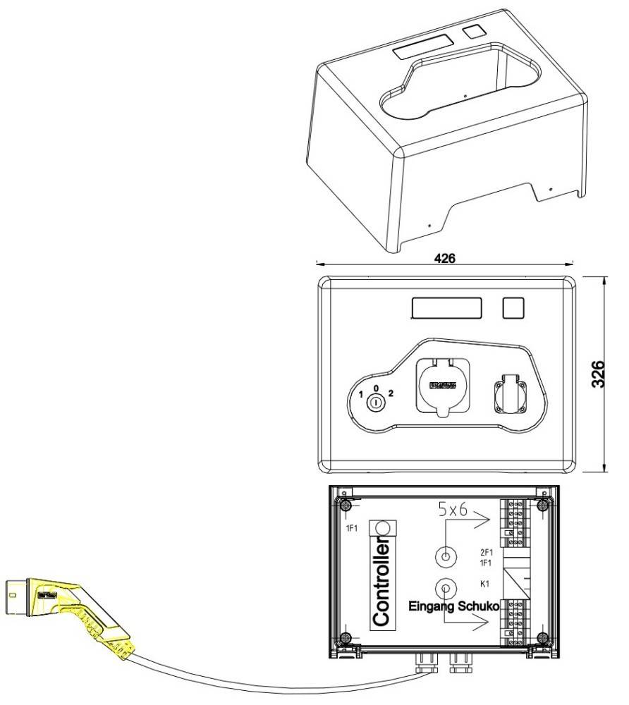 Technische Linienzeichnung einer rechteckigen elektrischen Steuerschaltanlage mit Griffaussparung und Frontplattenlayout, mit den Abmessungen 426 x 326 und gekennzeichneten internen Komponenten und Kabelverbindung.