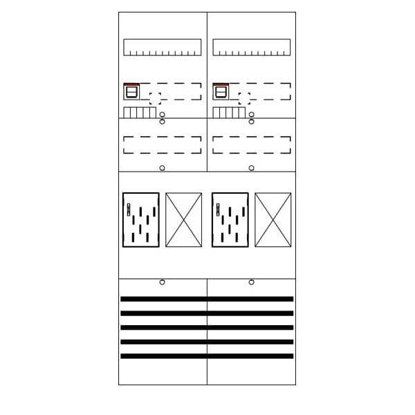 Schwarz-weiße Schemazeichnung eines zweispaltigen Layout-Mockups mit Platzhalterboxen, gestrichelten Abschnitten, kleinen Symbolen und gestapelten horizontalen Balken, die Inhaltsbereiche darstellen.