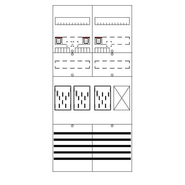 Schwarz-Weiss-Schemazeichnung mit mehreren kleinen Layout-Paneelen und balkenähnlichen Abschnitten, die einem Drahtgittermodell oder architektonischen Schnittstellendiagramm ähneln.