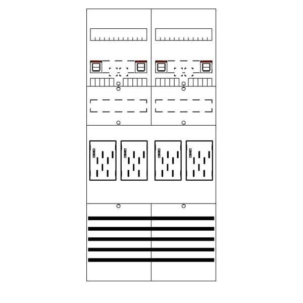 Schwarz-Weiß-Technisches Diagramm eines gespiegelten rechteckigen Layouts mit wiederholten gestrichelten Kästchen, kleinen Symbolen und horizontalen Balken, das ein Muster oder Komponentenlayout vorschlägt.