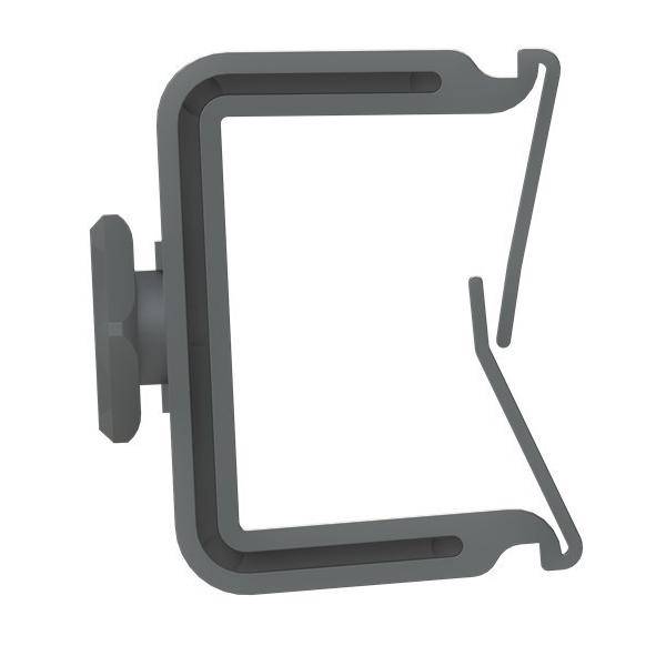 Grauer Kunststoffclip oder Halterung in Seitenansicht, mit einer federartigen hakenförmigen Öffnung und einer Befestigungslasche auf der linken Seite.