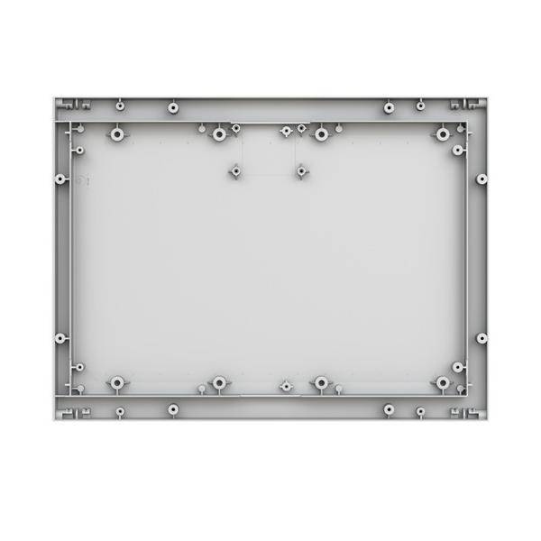 Leeres graues Metallpanelrahmen mit Schrauben und Montagepunkten auf weißem Hintergrund.
