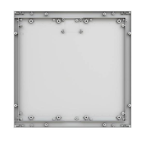 Draufsicht auf einen quadratischen Metalldeckenpanelrahmen mit Schrauben und Befestigungsclips an den Kanten auf hellgrauem Hintergrund.