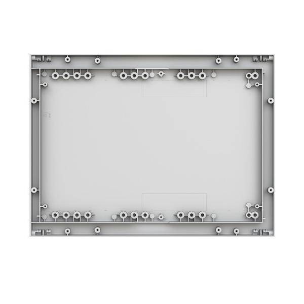 Rückseite eines rechteckigen kunststoffwandmontiertem Panels mit Reihen von Schraubenlöchern und Befestigungspunkten um den Umfang.