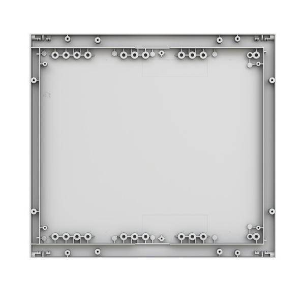 Draufsicht auf einen quadratischen grauen Kunststoff- oder Metallpanelrahmen mit kleinen kreisförmigen Clips und Befestigungspunkten rund um die Kanten; die Mitte ist leer.