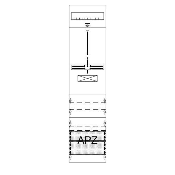 Vertikales technisches Diagramm eines schmalen Instruments oder einer Maschine mit Linealmessungen, kreuzförmiger Mittelkomponente und unterem Bereich mit der Bezeichnung 