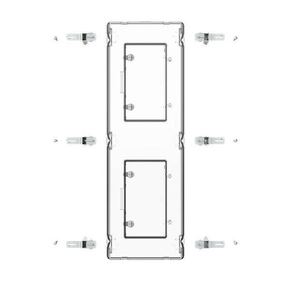 Technisches Draufsicht-Diagramm eines rechteckigen Gehäuses oder einer Abdeckung mit zwei eingelassenen Zugangsklappen und sechs seitlich angebrachten Verschlüssen, dargestellt auf weißem Hintergrund.