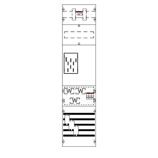 Vertikales technisches Schaltschema mit fünf übereinandergestapelten Panelen, die beschriftete mechanische/Layout-Diagramme und drahtähnliche Muster zeigen, einschließlich wiederholter 