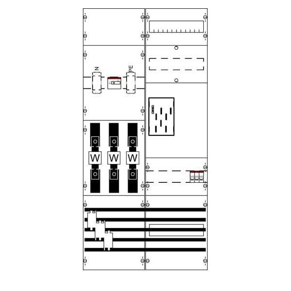 Technisches Schaltplan eines Stromverteilerpanels mit drei Schaltern der Serie W, Klemmenblöcken, Sammelschienen und Komponentenanordnung.