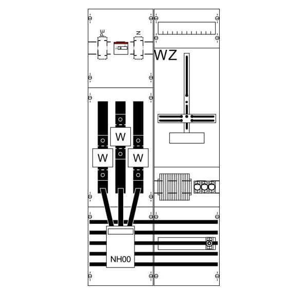 Schaltplan für Elektroverteiler in Schwarz-Weiß mit gekennzeichneten Komponenten WZ und NH00, mit Schaltern, Klemmen und Sammelschienen.