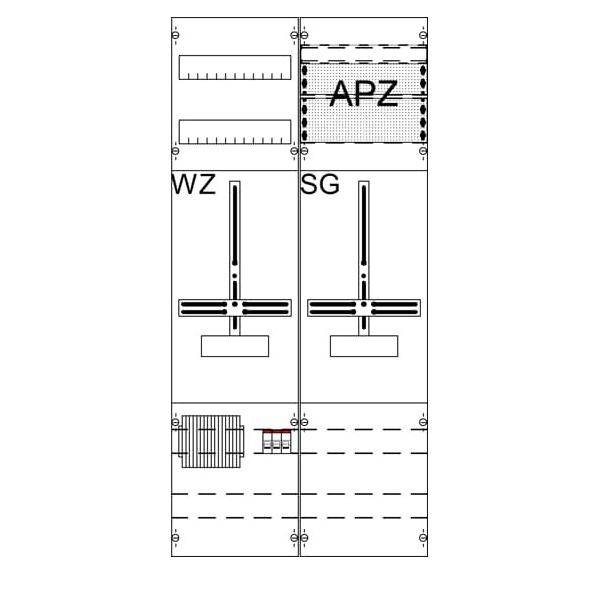Technisches Schaltschema eines zweigeteilten Paneelaufbaus mit den Bezeichnungen 'WZ', 'SG' und 'APZ', das Komponentenpositionen und Befestigungsstellen zeigt.