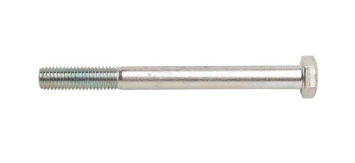 Ein Metallsechskantschraube mit gewindetem Ende und sechskantigem Kopf auf weißem Hintergrund.