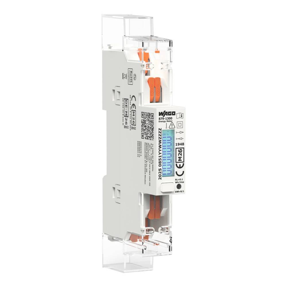 WAGO DIN-Schienen-Elektroklemmenblock-Stecker mit transparentem Gehäuse und orangefarbenen Hebelbefestigungen auf weißem Hintergrund.