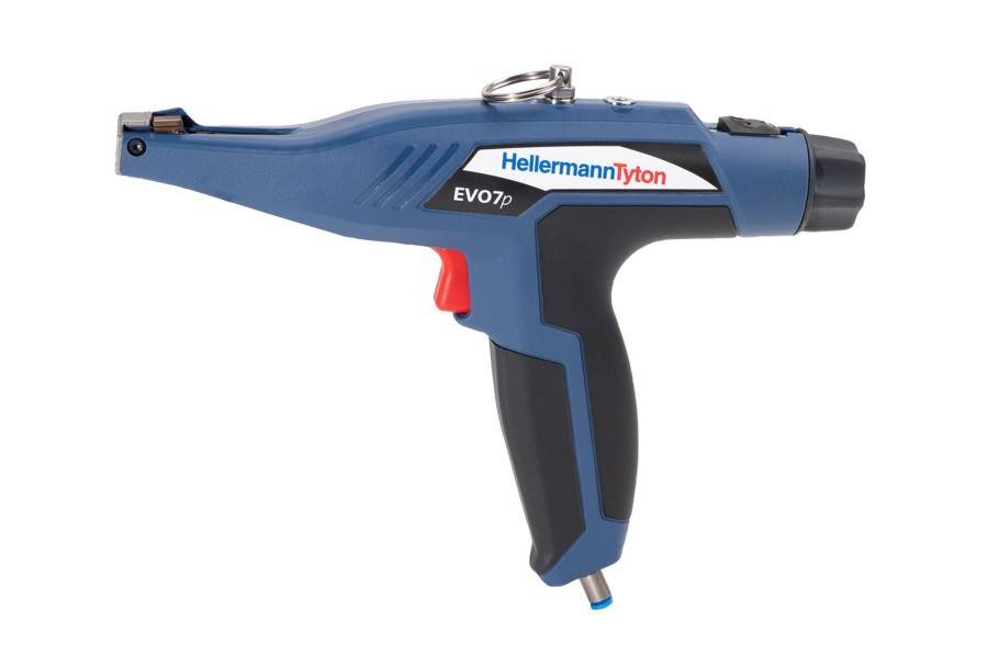 Tragbares Kabelbinderstraffungswerkzeug Blue HellermannTyton EVO7p mit rotem Auslöser auf weißem Hintergrund.