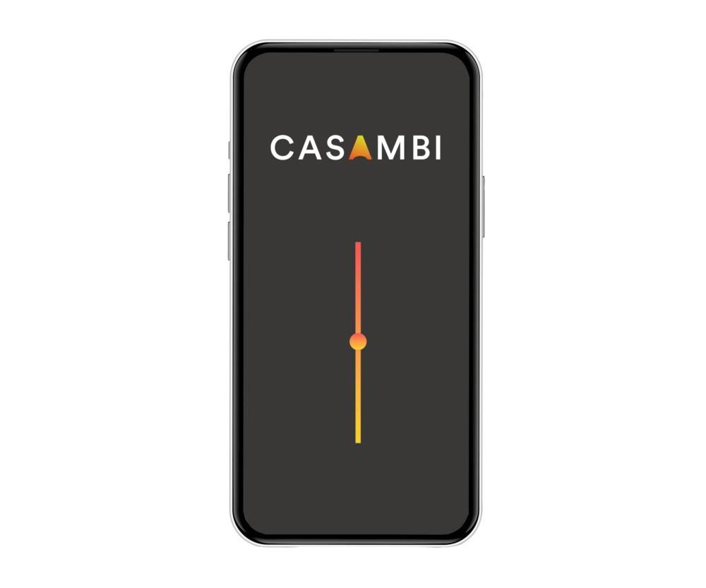 Ein Smartphone-Mockup, das das CASAMBI-Logo und einen vertikal angeordneten orange-rot verlaufenden Schieberegler mit einem kreisförmigen Knopf in der Mitte anzeigt.