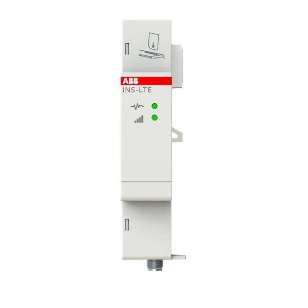 ABB INS-LTE modulares Elektrogerät mit zwei grünen Statusindikatoren und einer DIN-Hutschienenmontage, isoliert auf weißem Hintergrund dargestellt.