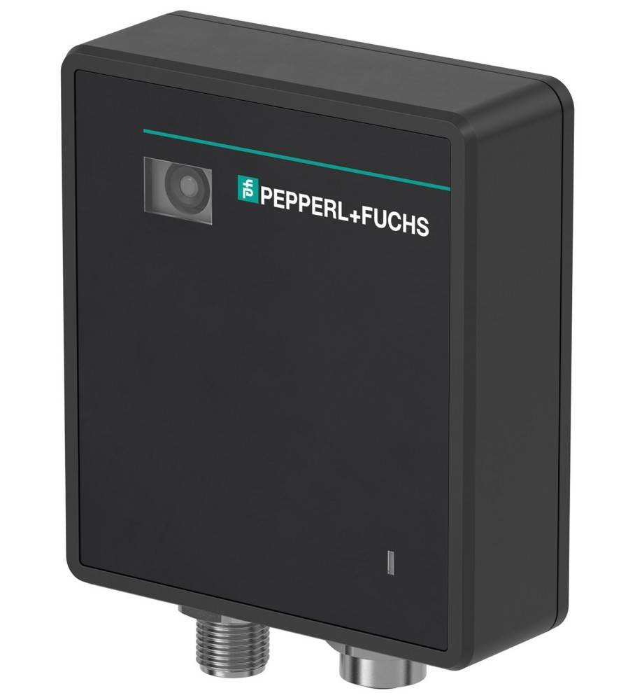 Pepperl+Fuchs industrielle Sensoreinheit mit vorderem Kamerafenster und Metallmontagesteckverbindern auf der Unterseite.