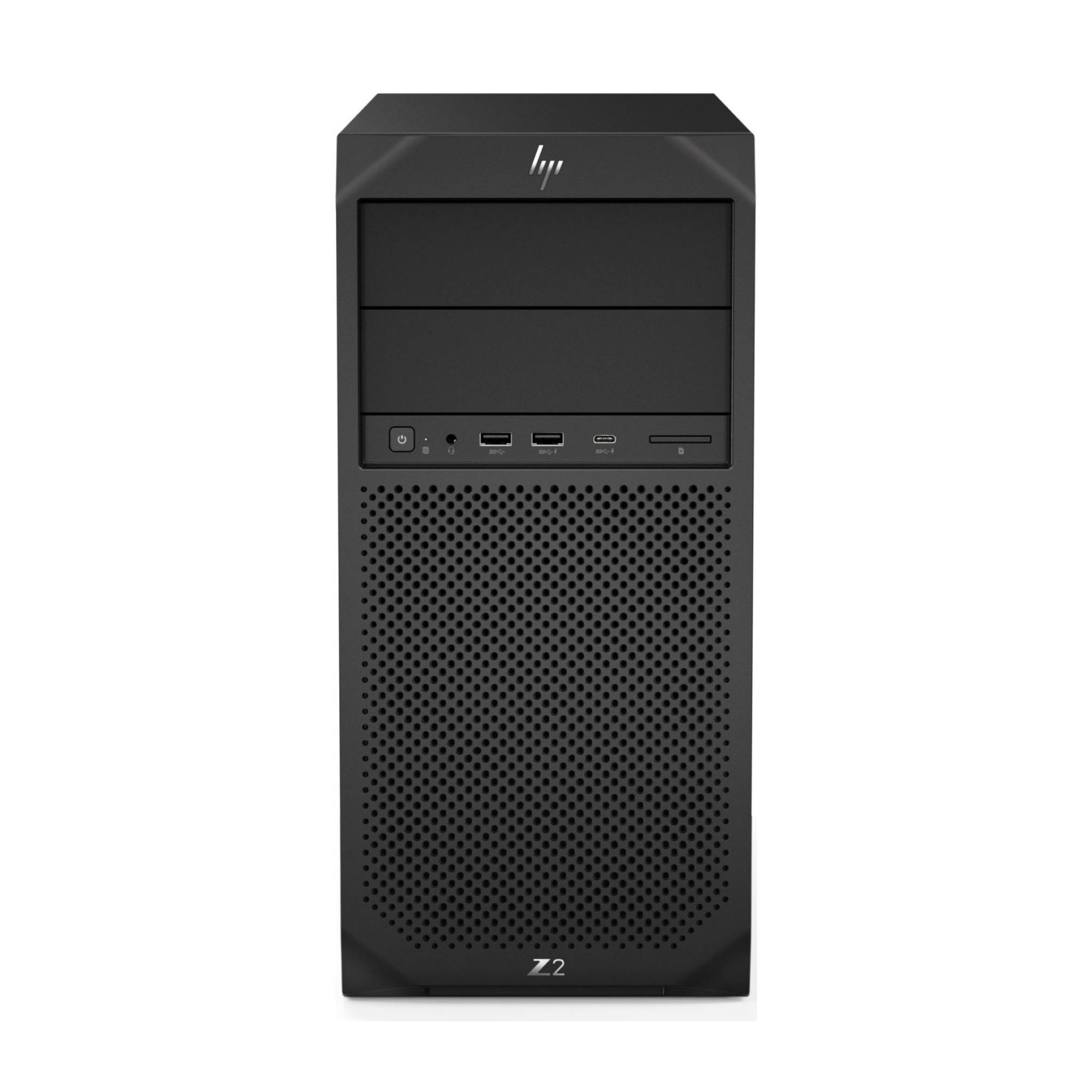 Vorderansicht eines schwarzen HP Z2 Desktop-Towers mit einem perforierten unteren Gitter und vorderen Anschlüssen, gezeigt vor weißem Hintergrund.