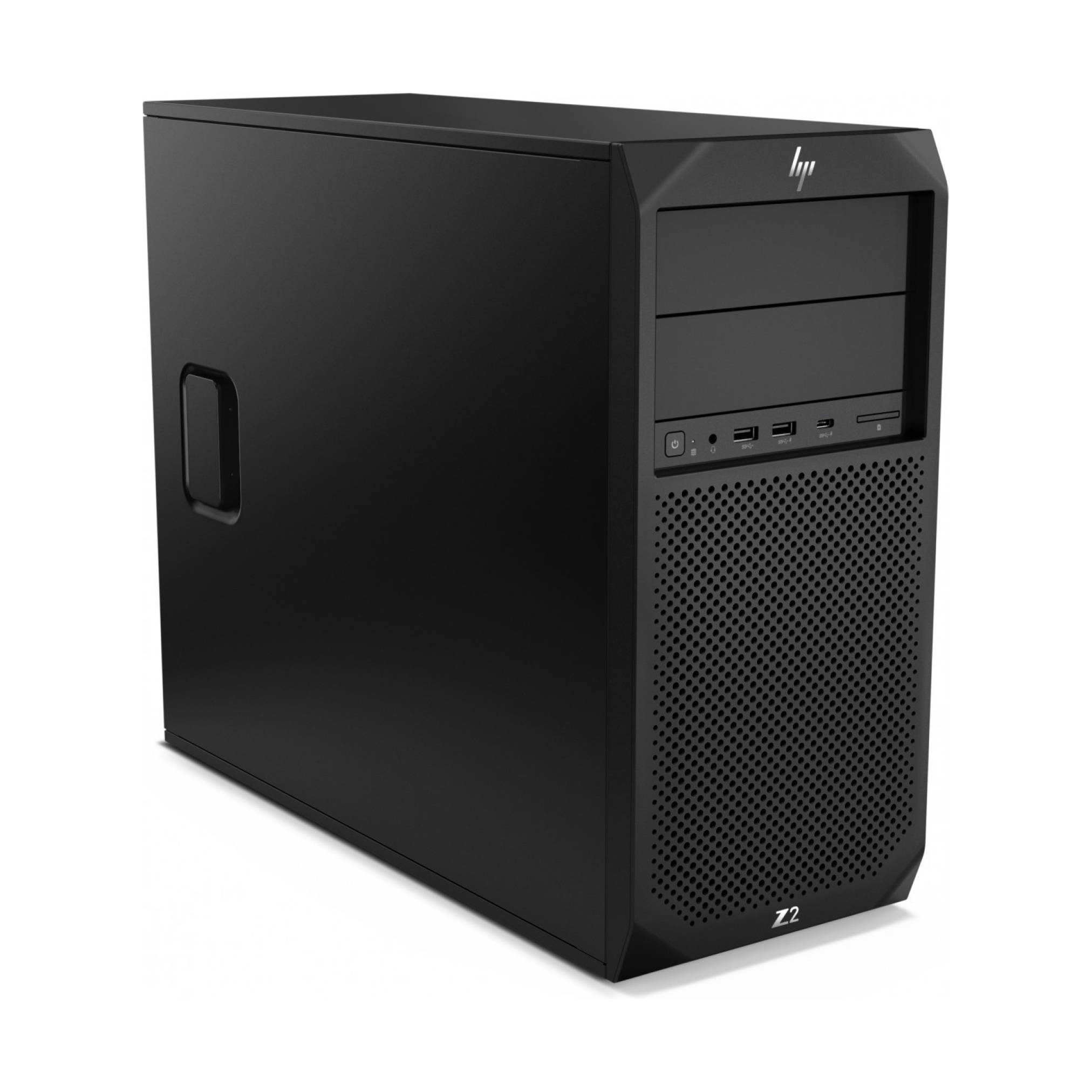 Schwarzer HP Z2 Desktop-Workstation-Tower mit vorderen Laufwerkschächten, Anschlüssen und perforiertem Belüftungspanel auf weißem Hintergrund