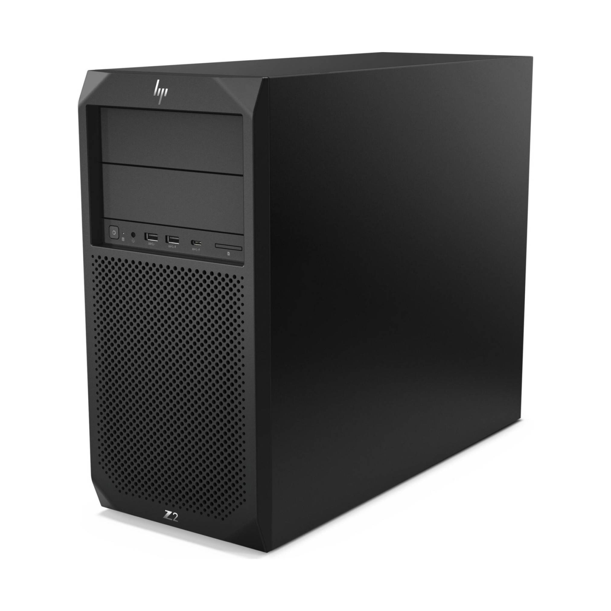 Schwarzer HP Z2 Desktop-Workstation-Tower in Dreivierttelansicht auf weißem Hintergrund, mit vorderen Laufwerkschächten, Anschlüssen und perforiertem unteren Panel.