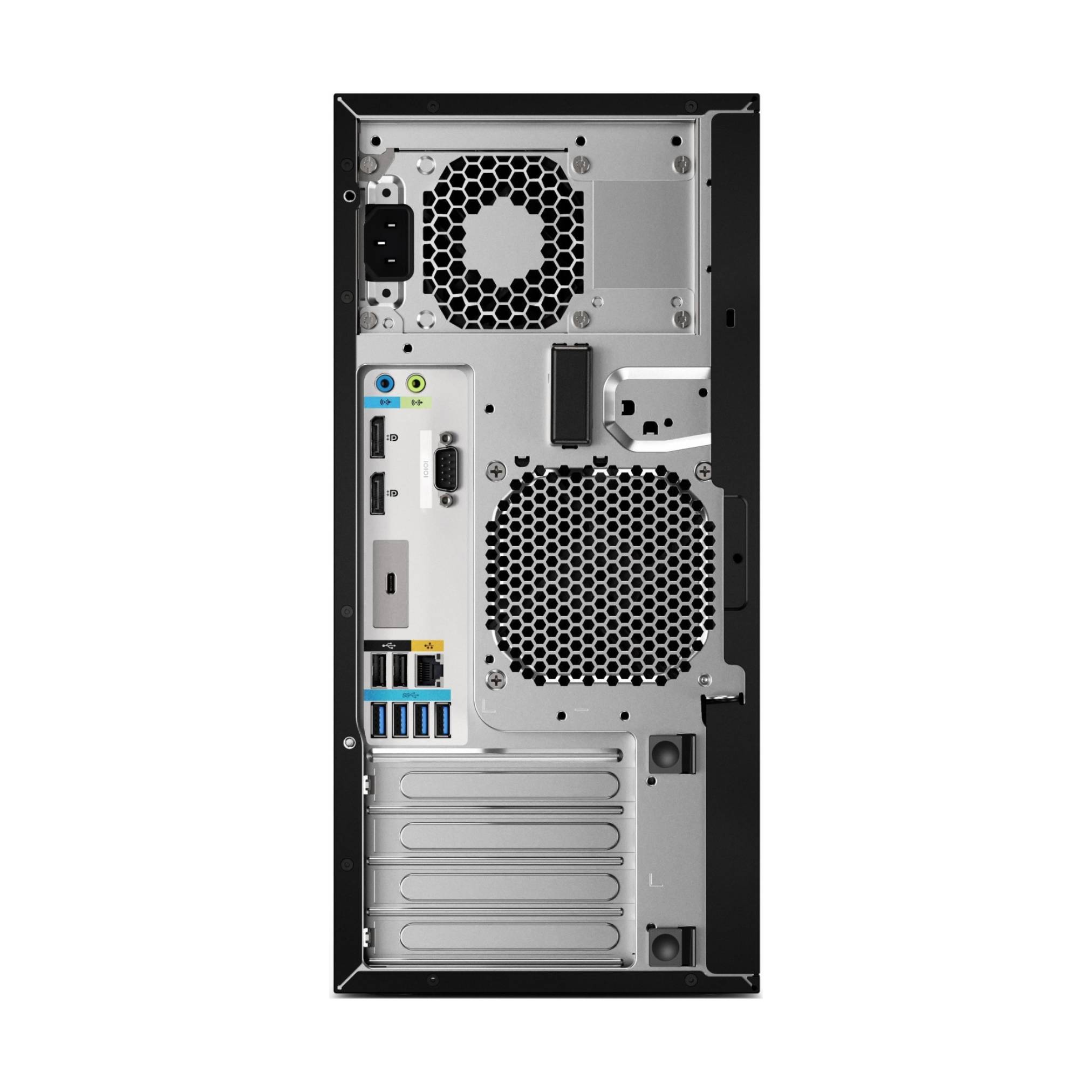 Rückansicht eines Desktop-Computer-Towers mit Belüftungsgittern, Netzteil, Motherboard-Anschlüssen, Erweiterungssteckplätzen und USB-/Audioanschlüssen.