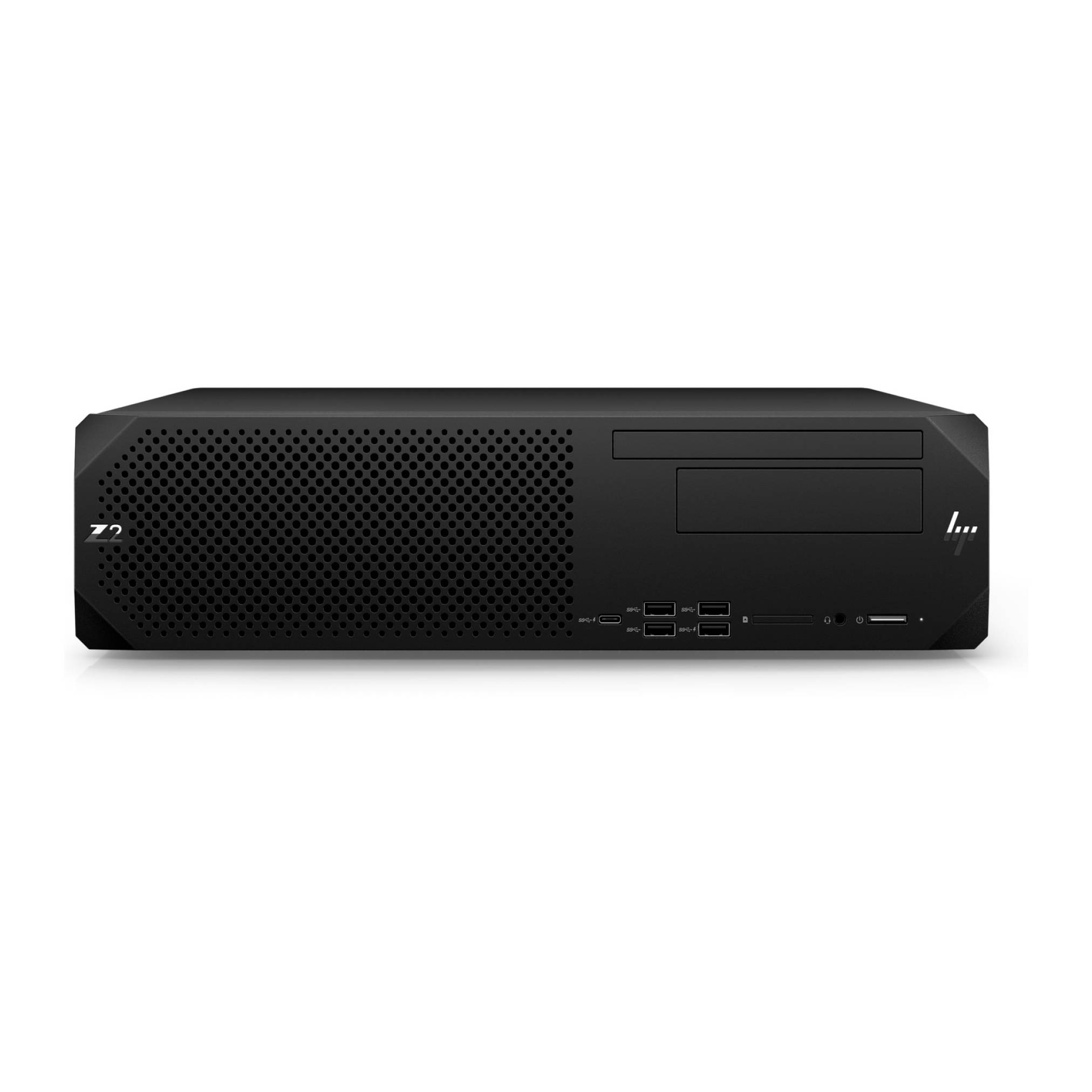 Vorderansicht eines schwarzen Lenovo ThinkStation Z2 Desktop-Workstation-Towers mit belüfteter linker Seitenwand, Laufwerkschächten und vorderen USB-Anschlüssen.
