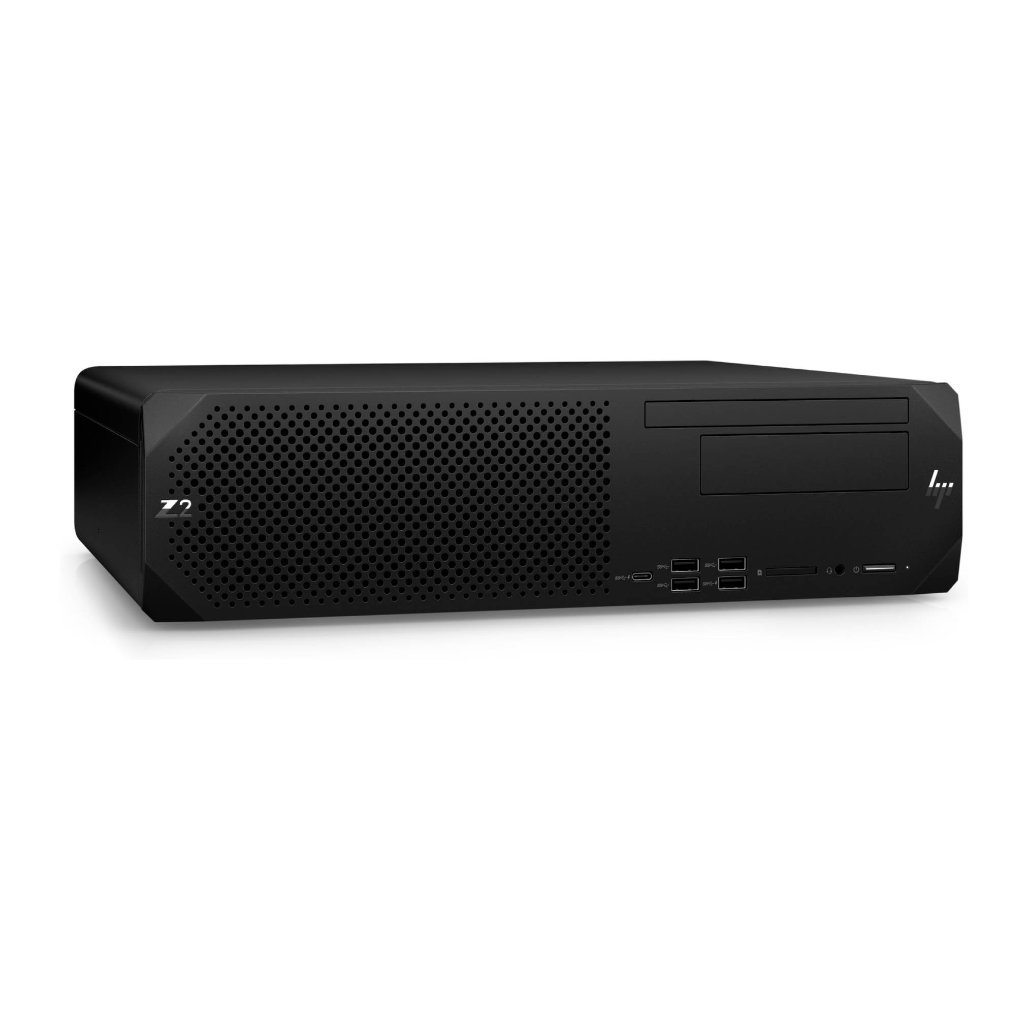 Schwarzer HP-Desktop-Tower-PC mit perforierter Frontplatte, Schächten für optische Laufwerke und USB-Anschlüssen auf der Vorderseite vor weißem Hintergrund
