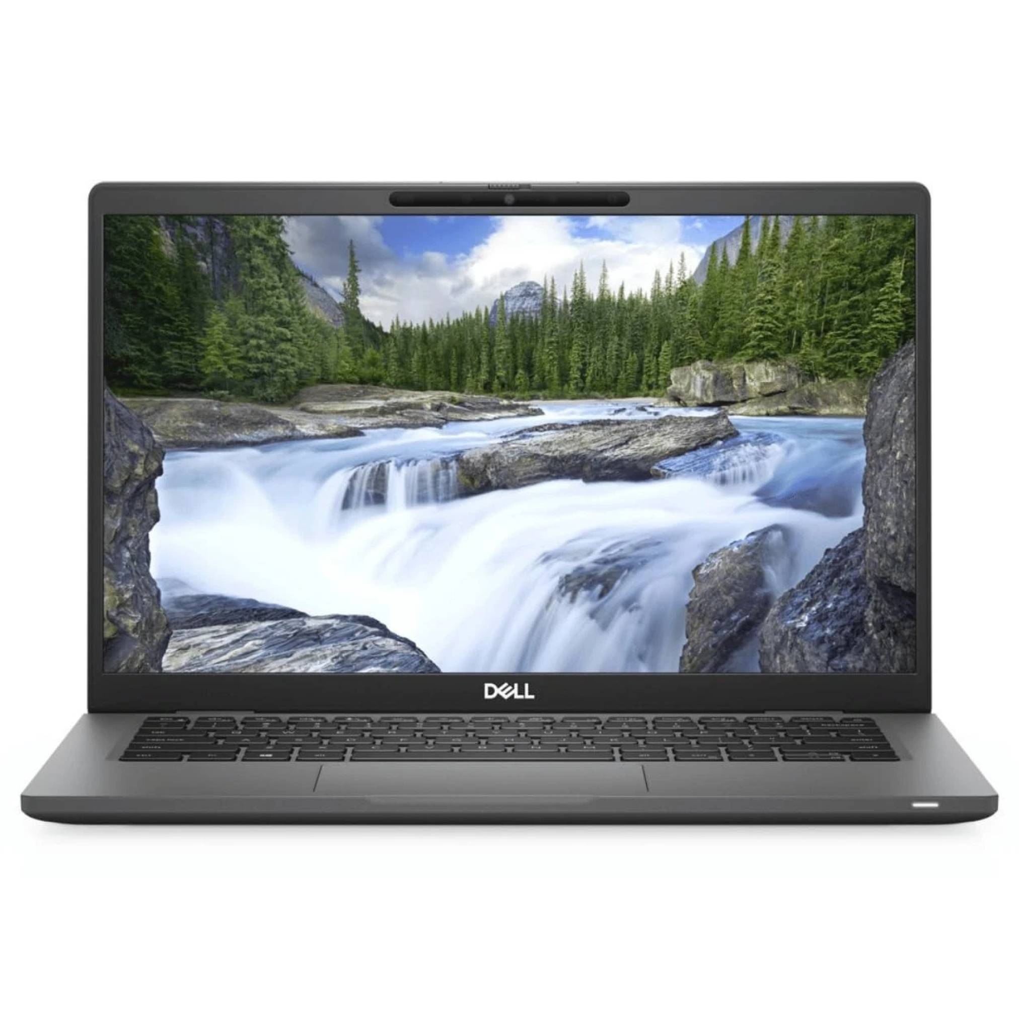Dell Laptop, das offen mit einem Wasserfall und einer Waldlandschaft auf dem Bildschirm angezeigt wird.