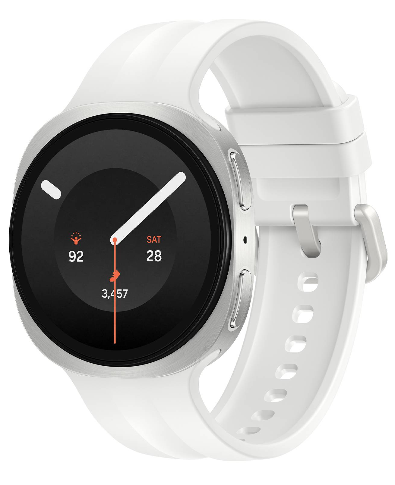Weiße runde Smartwatch mit schwarzem Analogzifferblatt, das 92, SAT 28 und 3.457 anzeigt, auf einem weißen Silikonarmband.