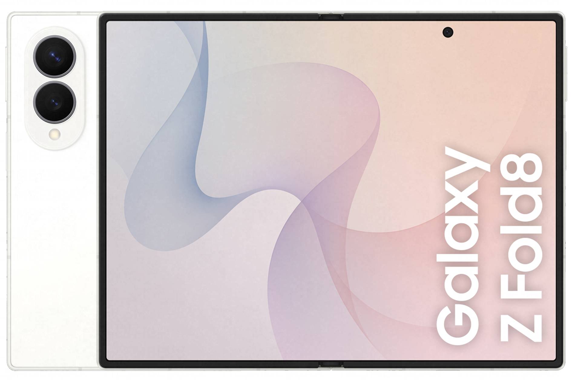Aufklappbares Samsung Galaxy Z Fold8 geöffnet mit pastellfarbener abstrakter Tapete und vertikalem Text 