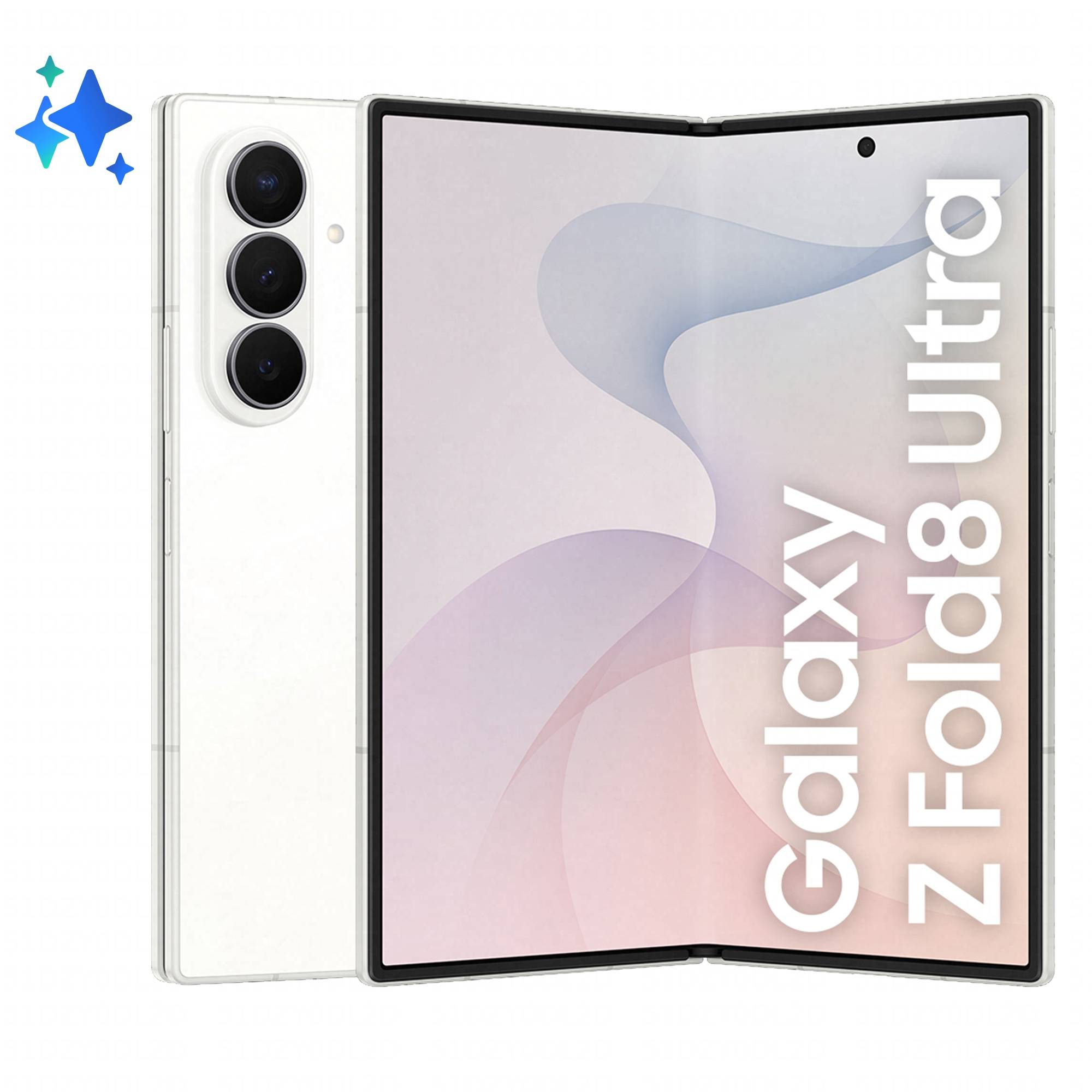 Samsung Galaxy Z Fold8 Ultra Telefon, geöffnet mit großem inneren Display, weißem hinteres Kamera-Array und Produktnamen auf dem Bildschirm angezeigt.