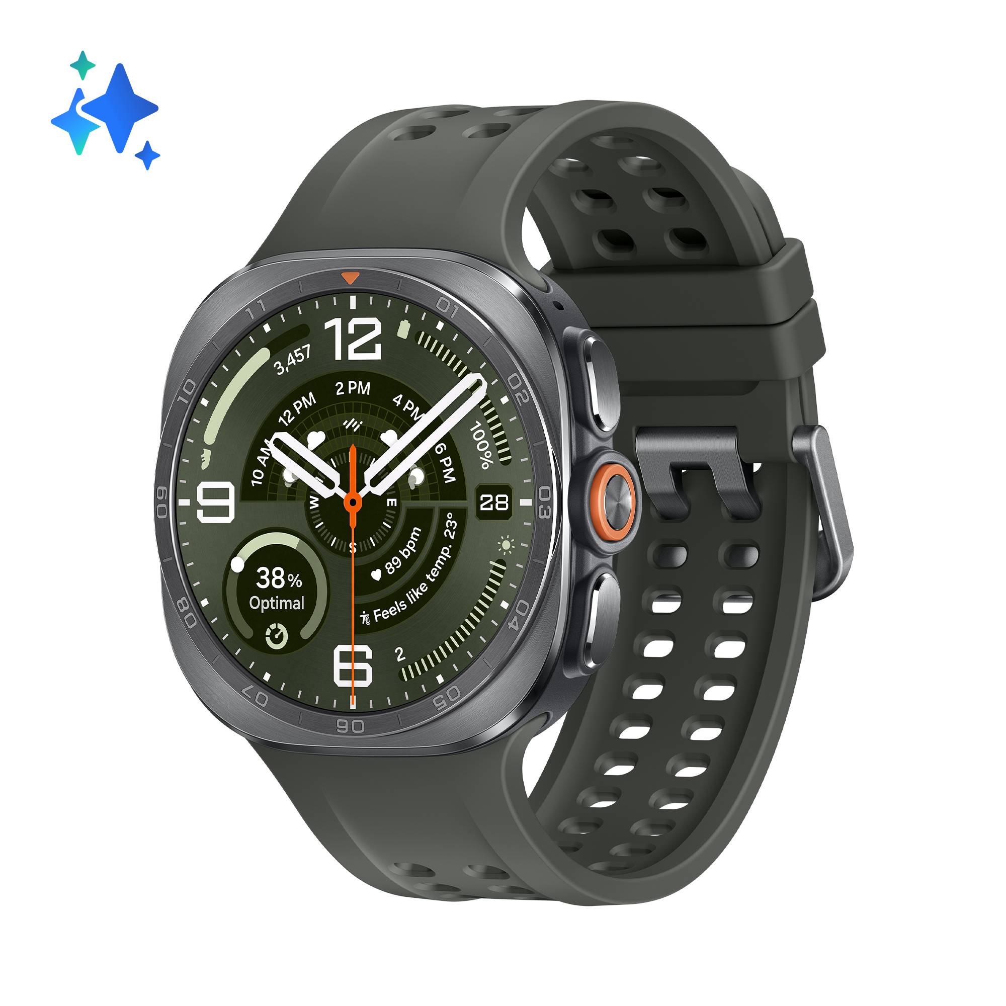 Dunkelgraue Smartwatch mit perforiertem Armband, analogem digitalen Display und sichtbaren Fitness-Statistiken inklusive 38% Batterie
