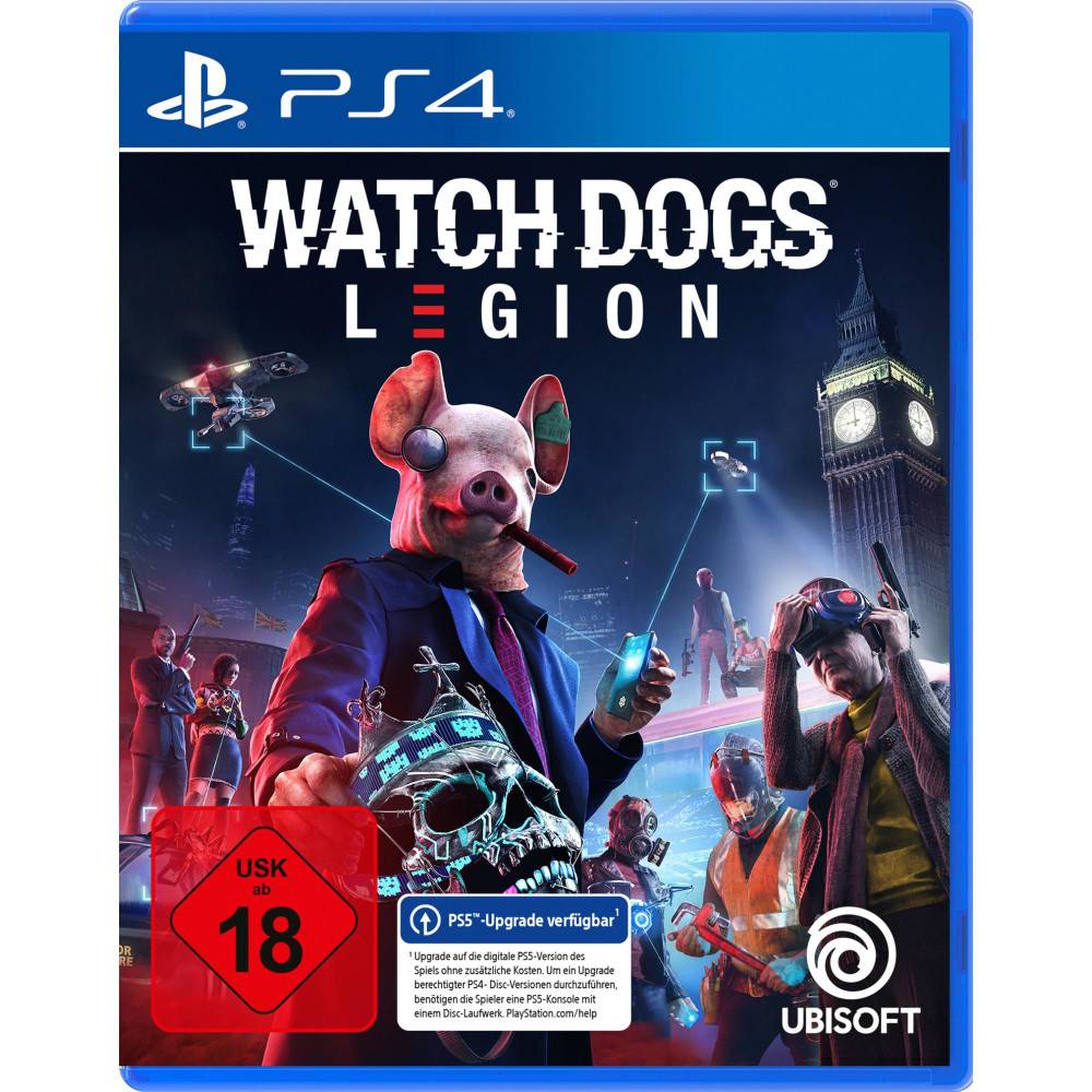 PS4-Spielcover für Watch Dogs Legion, das eine maskierte, schweineköpfige Figur zeigt, die ein Telefon vor Londons Big Ben hält, mit Ubisoft-Logo und USK-18-Altersfreigabe.