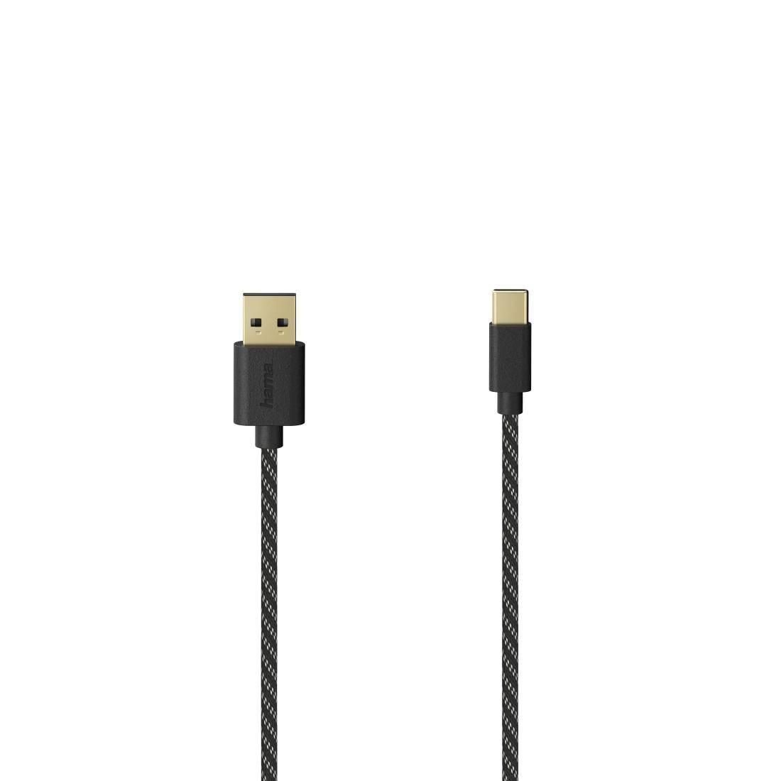 Zwei nebeneinander abgebildete Steckerverbindungen: USB-A auf der linken Seite und USB-C auf der rechten Seite, beide mit geflochtenen schwarzen Kabeln.