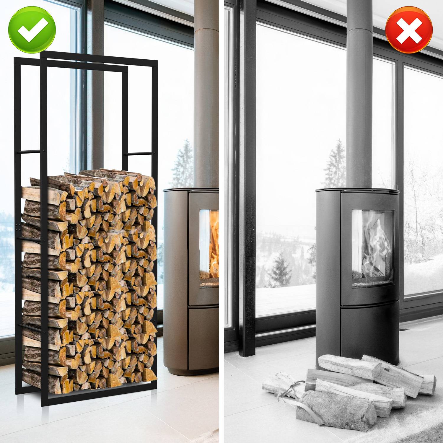 Vergleich der Holzofenlagerung: Links ist ein ordentlich gestapeltes Feuerholzregal mit einem grünen Häkchen zu sehen; rechts sind verstreute Holzscheite neben einem Ofen mit einem roten X.