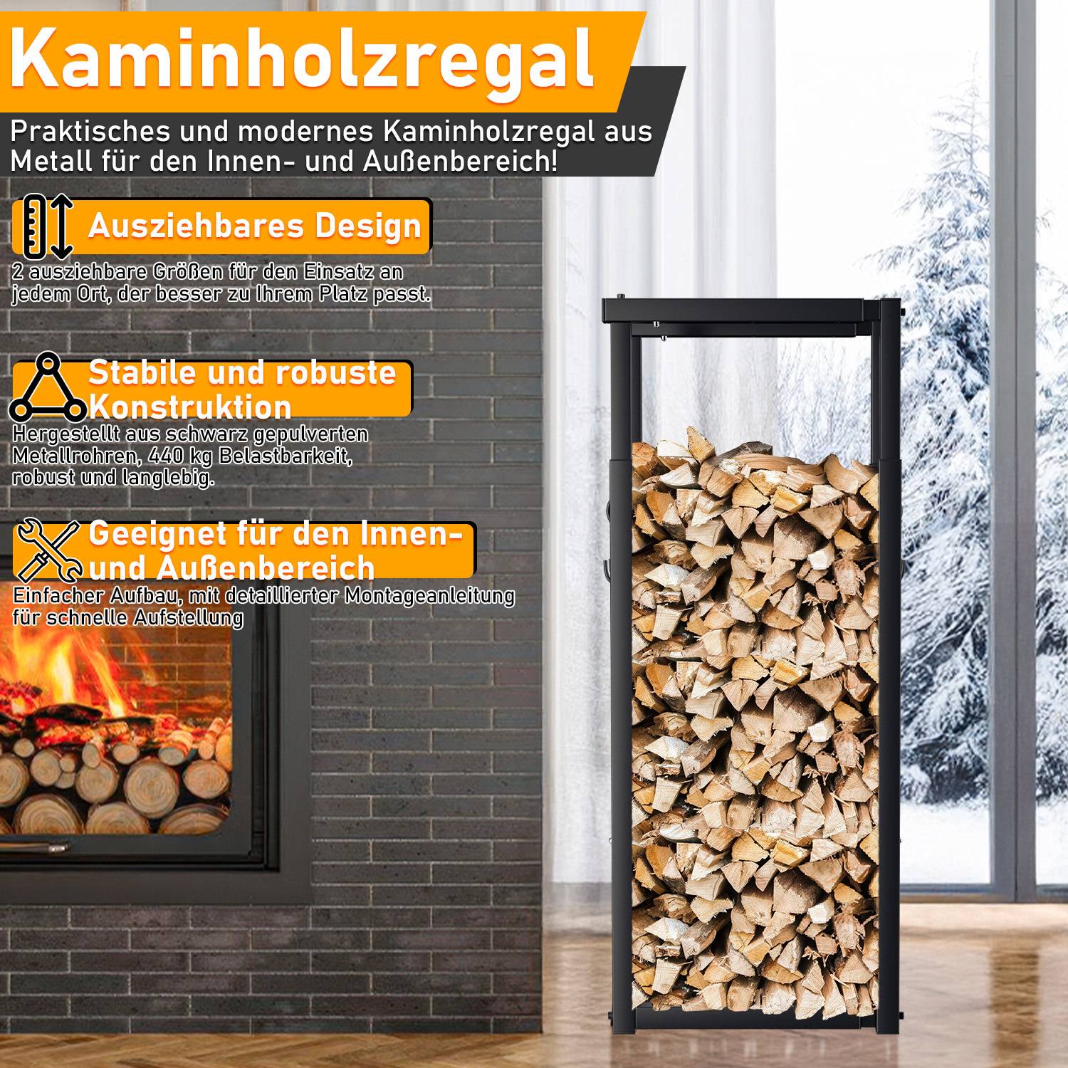 Anzeige für ein Metall-Feuerholzregal, das einen hohen schwarzen verstellbaren Baumstammlagerbock zeigt, der mit gehacktem Holz gefüllt ist, zur Verwendung im Innen- und Außenbereich.