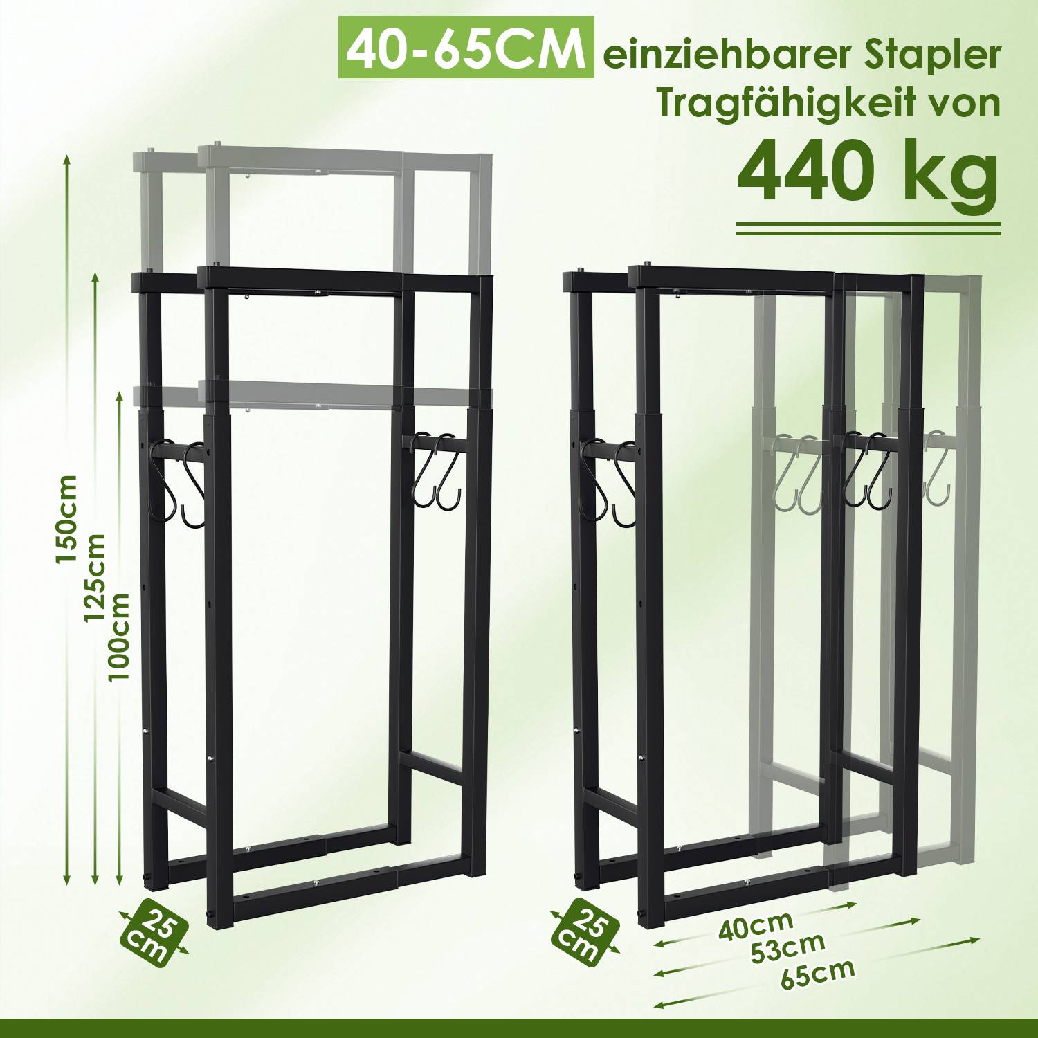 Verstellbares Kaminholzregal Brennholzregal aus Metall mit 4 Haken, Länge 40/53/65 cm, Höhe 100/125/150 cm, Breite 25 cm