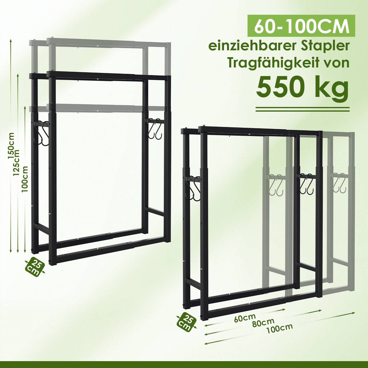 Produktdiagramm eines ausziehbaren Gabelstaplerrahmens, verstellbar von 60 bis 100 cm, mit einer Tragfähigkeit von 550 kg und angegebenen Abmessungen.