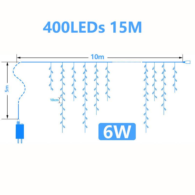 Diagramm von LED-Lichterketten mit der Bezeichnung „400LEDs 15M" und „6W"", das eine 10m obere Spannweite, 5m Zuleitung und 10cm Tropfabstand zeigt.