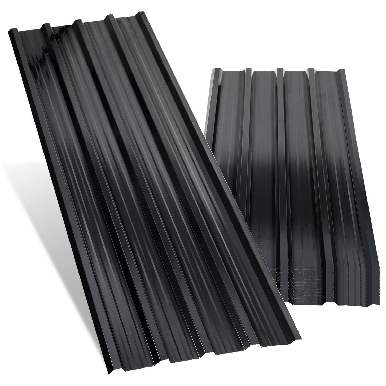 Zwei schwarze gewellte Metallplatten, eine größere und geneigt vor einer kleineren aufrechten Platte auf weißem Hintergrund.