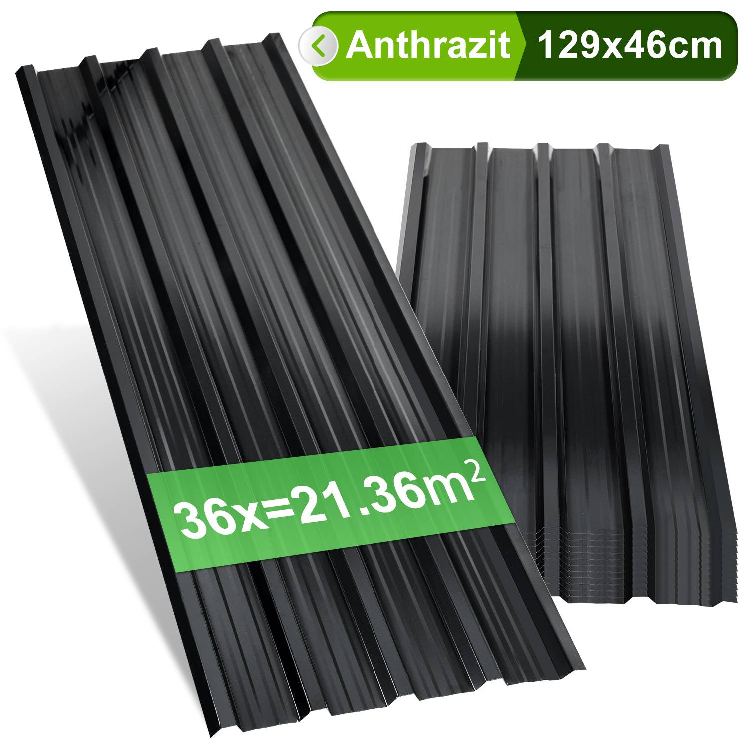 Wellblech-Dachplatten in Anthrazit, Größe 129x46 cm, dargestellt als Set mit 36 Stück mit einer Abdeckungsfläche von 21,36 m².