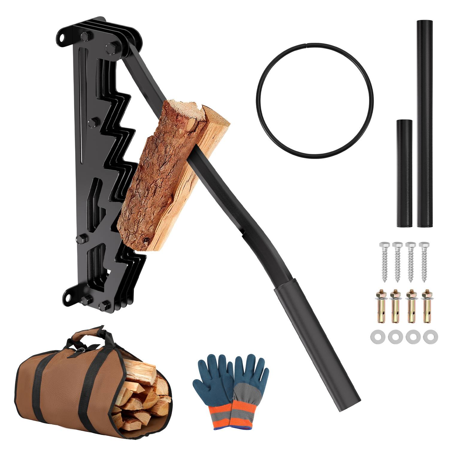 Wandmontiertes manuelles Kaminholzspalterset mit Hebel, Montagezubehör, Handschuhen, Tragetasche und Beispielholzscheit.