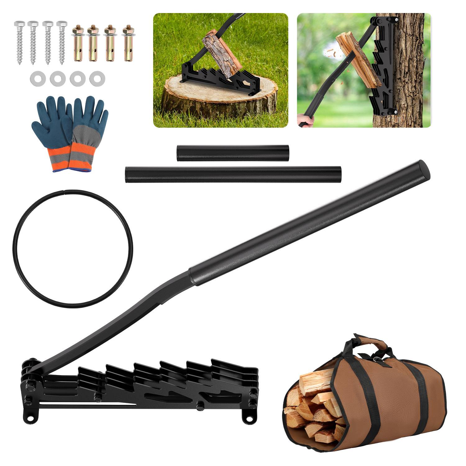 Holzspalter-Werkzeugsatz mit Hebelspalter, Griffteilen, Handschuhen, Schrauben, Ring und Fotos, die das Spalten von Holzscheiten und die Lagerung in einem Holzträger zeigen.
