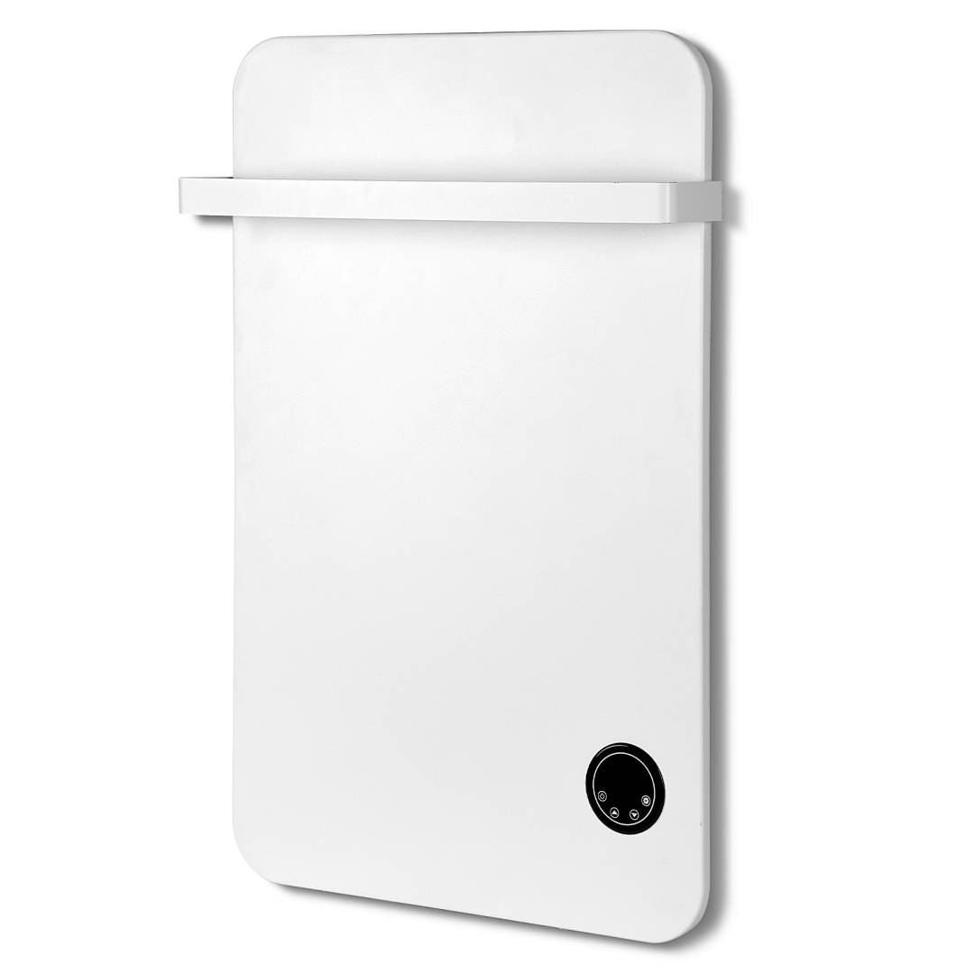 Weiß montierter Papiertuchspender an der Wand mit einem schwarzen kreisförmigen Sichtfenster in der Nähe der unteren rechten Ecke.